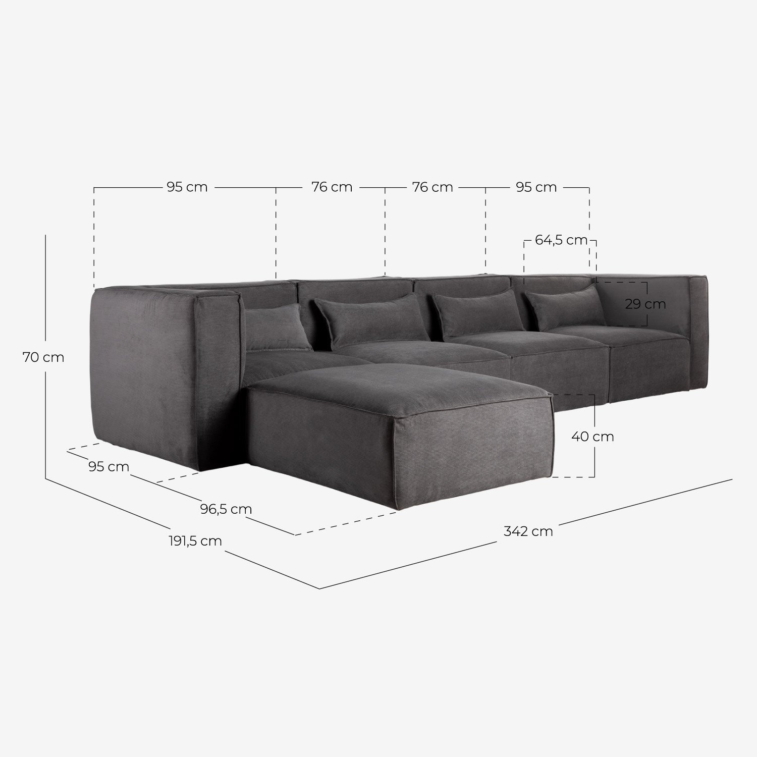 Modulares Sofa 4-Teilig mit 2 Ecksesseln und Pouf aus Kord Kilhe, Maße