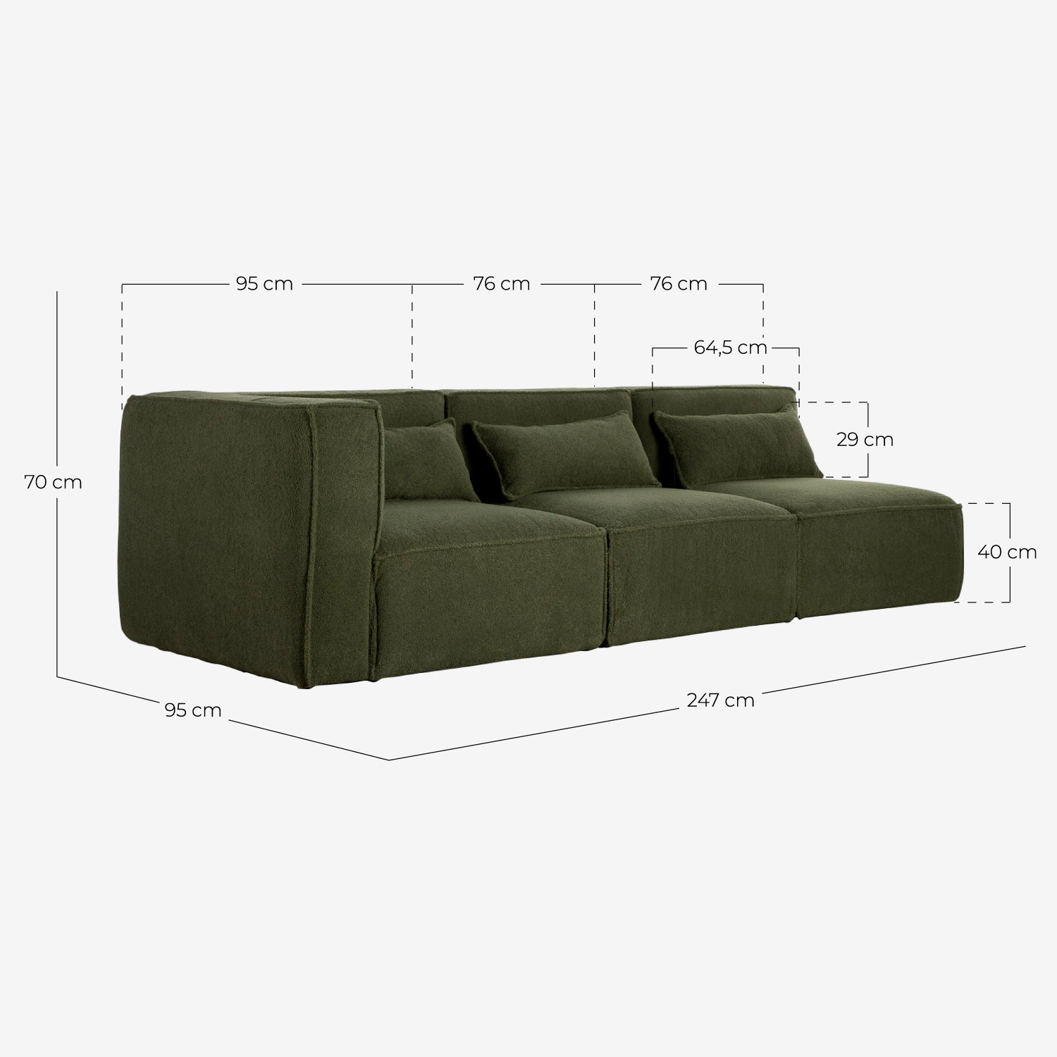 Modulares Sofa 3-Teilig mit 2 Sesseln aus Bouclé Stoff Kilhe, Maße