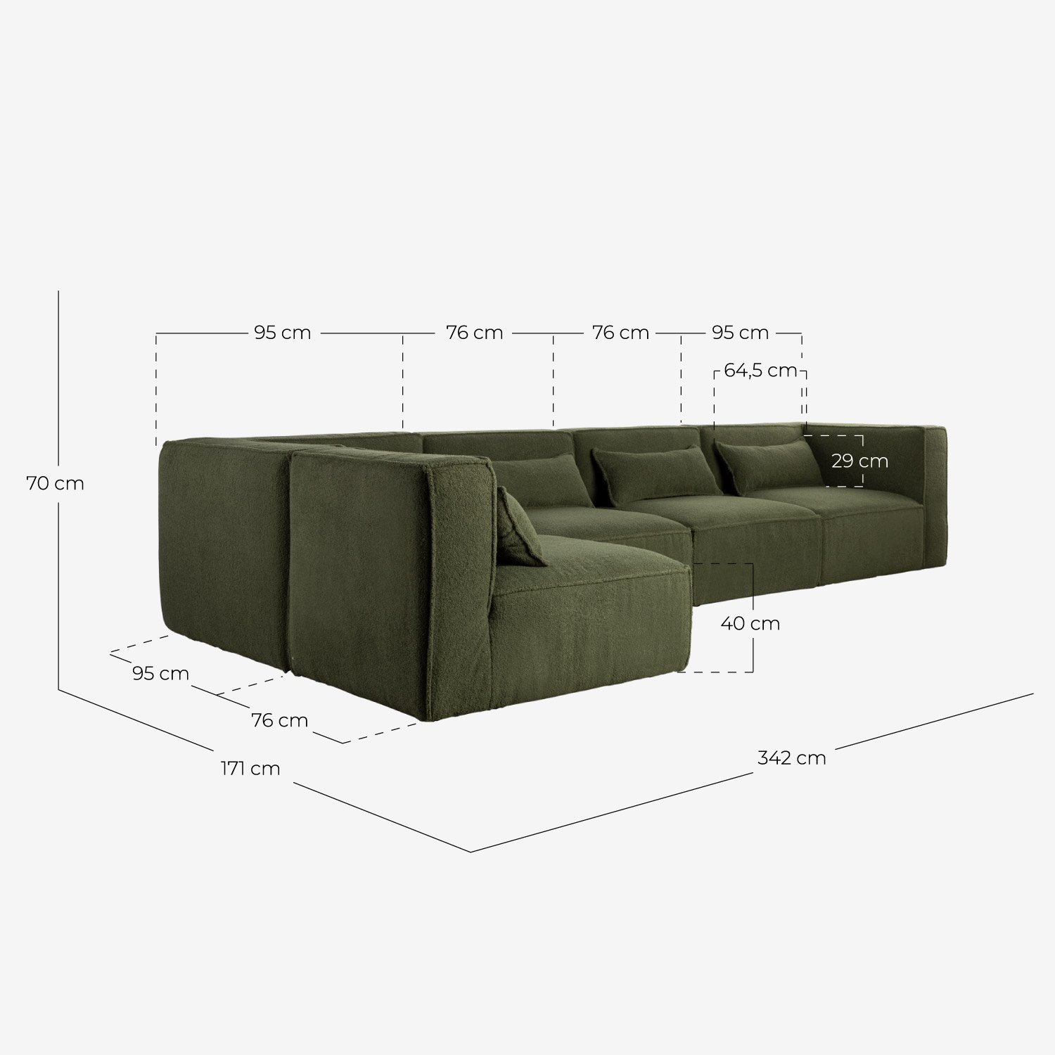 Modulares Sofa 5-Teilig mit 2 Ecksesseln aus Bouclé Stoff Kilhe, Maße
