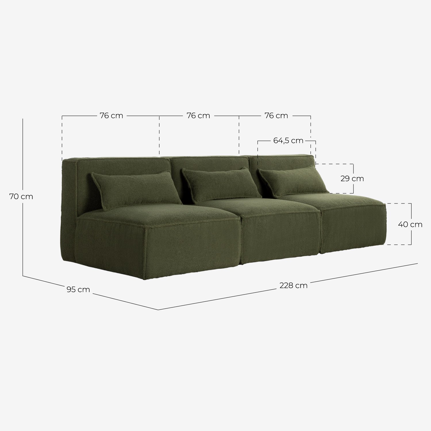 Modulares Sofa 3-Teilig aus Bouclé Stoff Kilhe, Maße