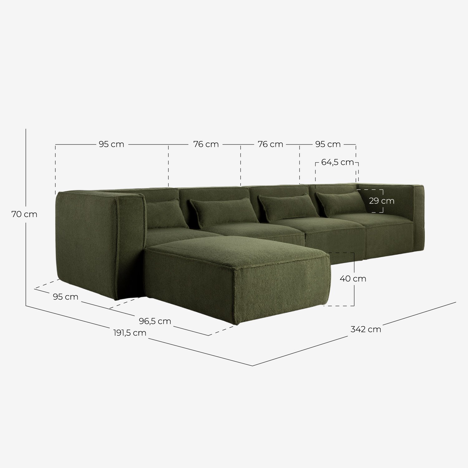 Modulares Sofa 4-Teilig mit Ecksessel und Pouf aus Bouclé Stoff Kilhe, Maße