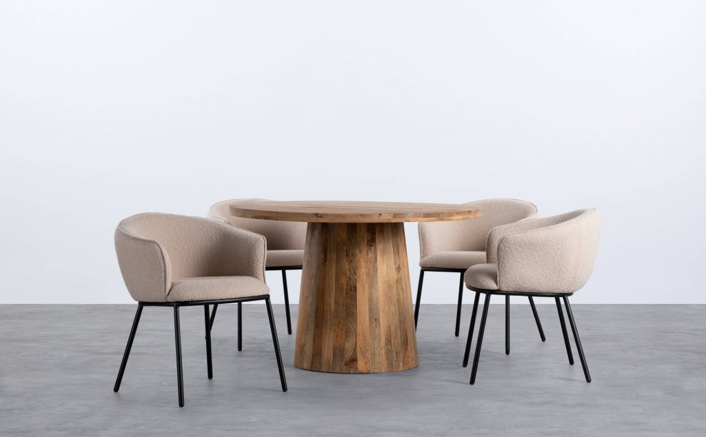 Runder Holztisch Doran und 4 Stühle aus Bouclé-Stoff Ibon