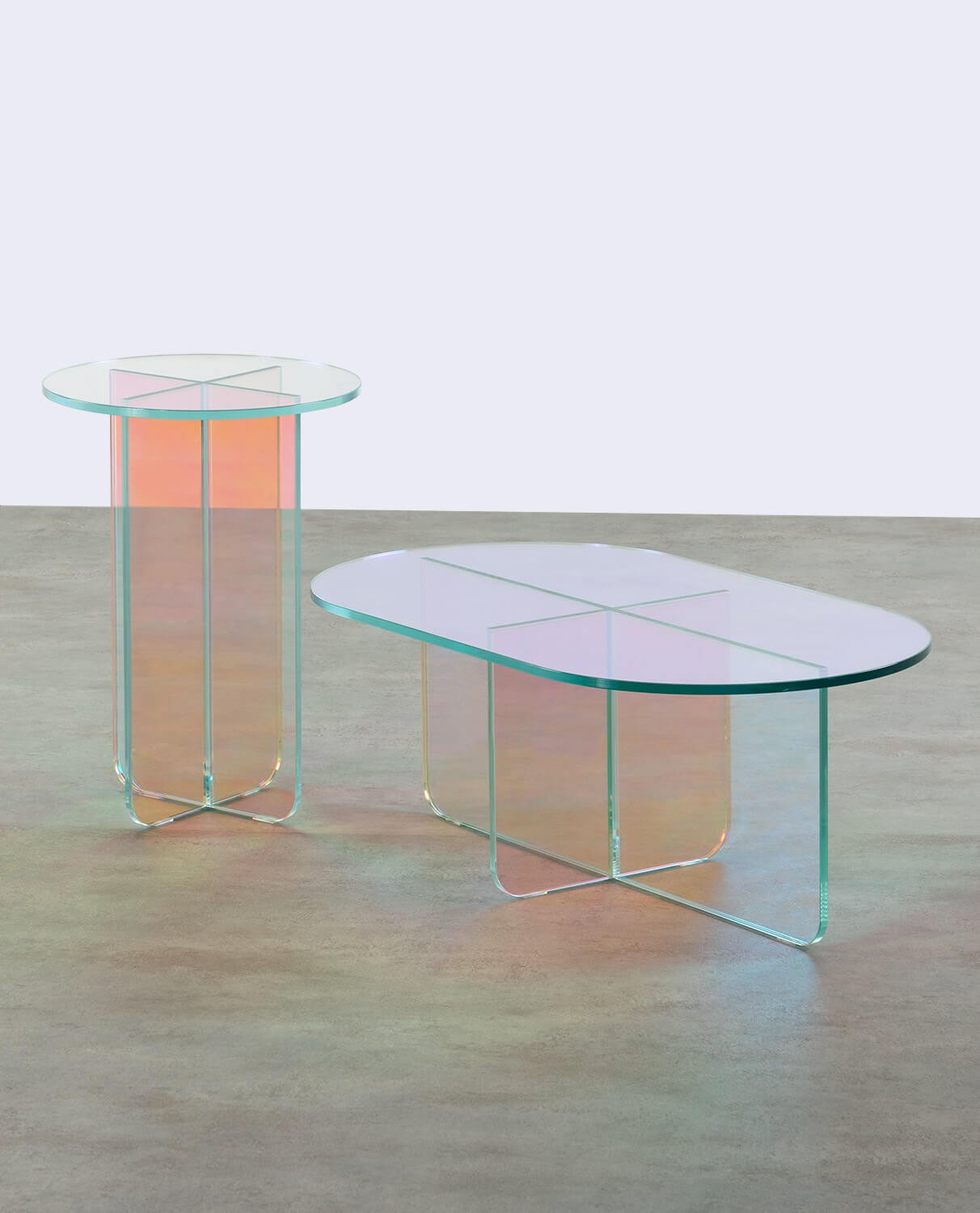  Beistelltisch-Set und Couchtisch-Set aus Schillerndem Gehärtetem Glas Iris, Galeriebild 6