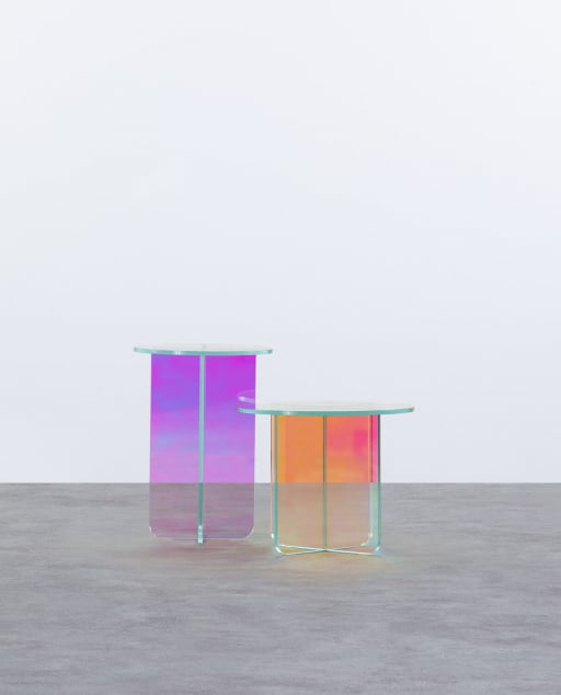 Beistelltisch-Set und Couchtisch-Set aus Schillerndem Gehärtetem Glas Iris