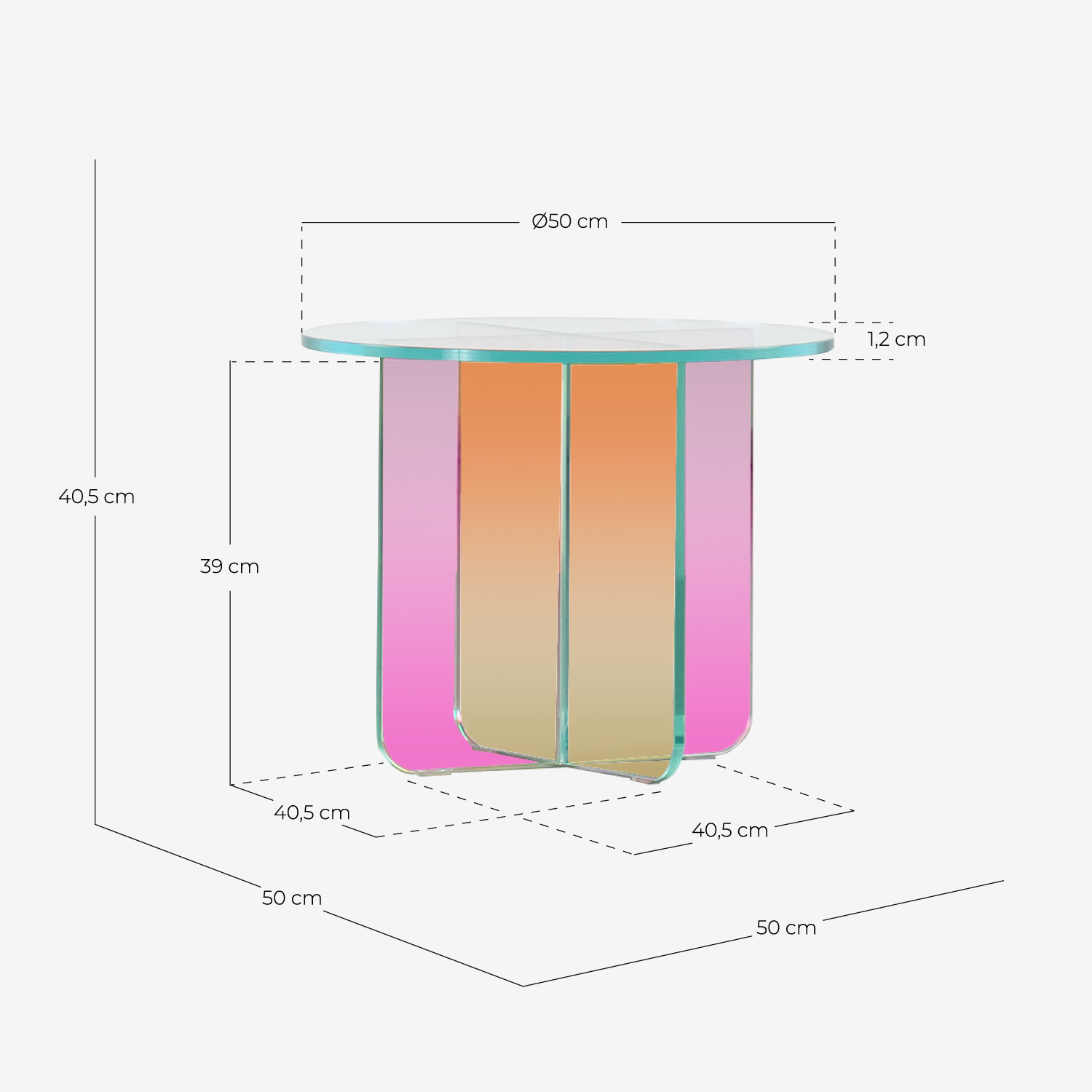  Beistelltisch-Set und Couchtisch-Set aus Schillerndem Gehärtetem Glas Iris, Maße