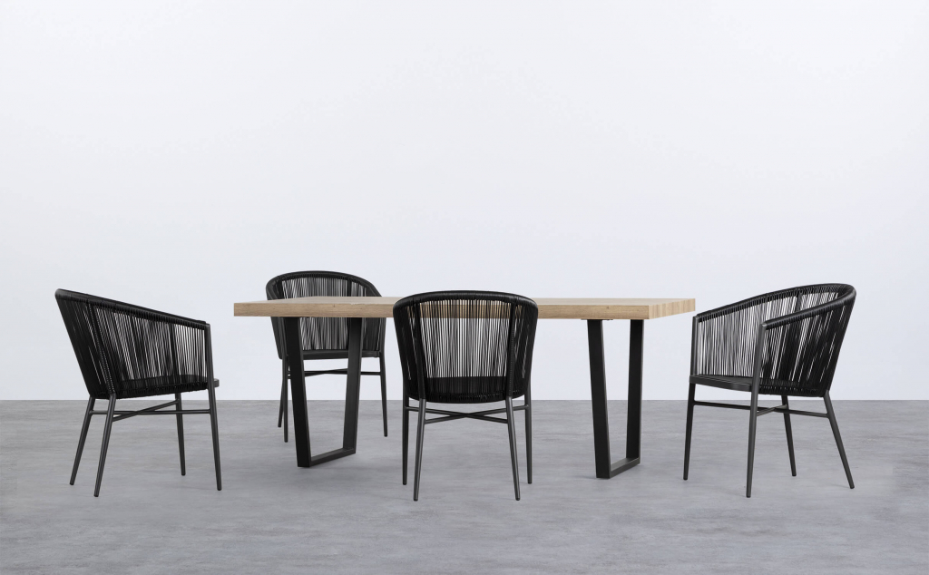 Set aus rechteckigem Valle-Tisch aus MDF und 4 Tico-Stühlen aus Textilene