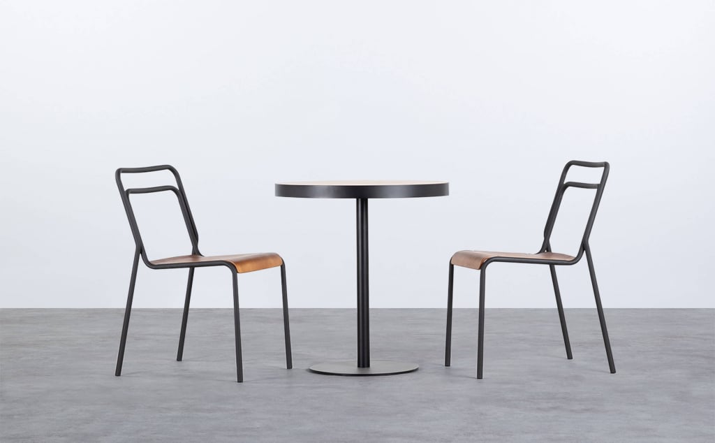 Set aus rundem Tisch Zoar und 2 Stühlen aus Stahl und Holz Curi