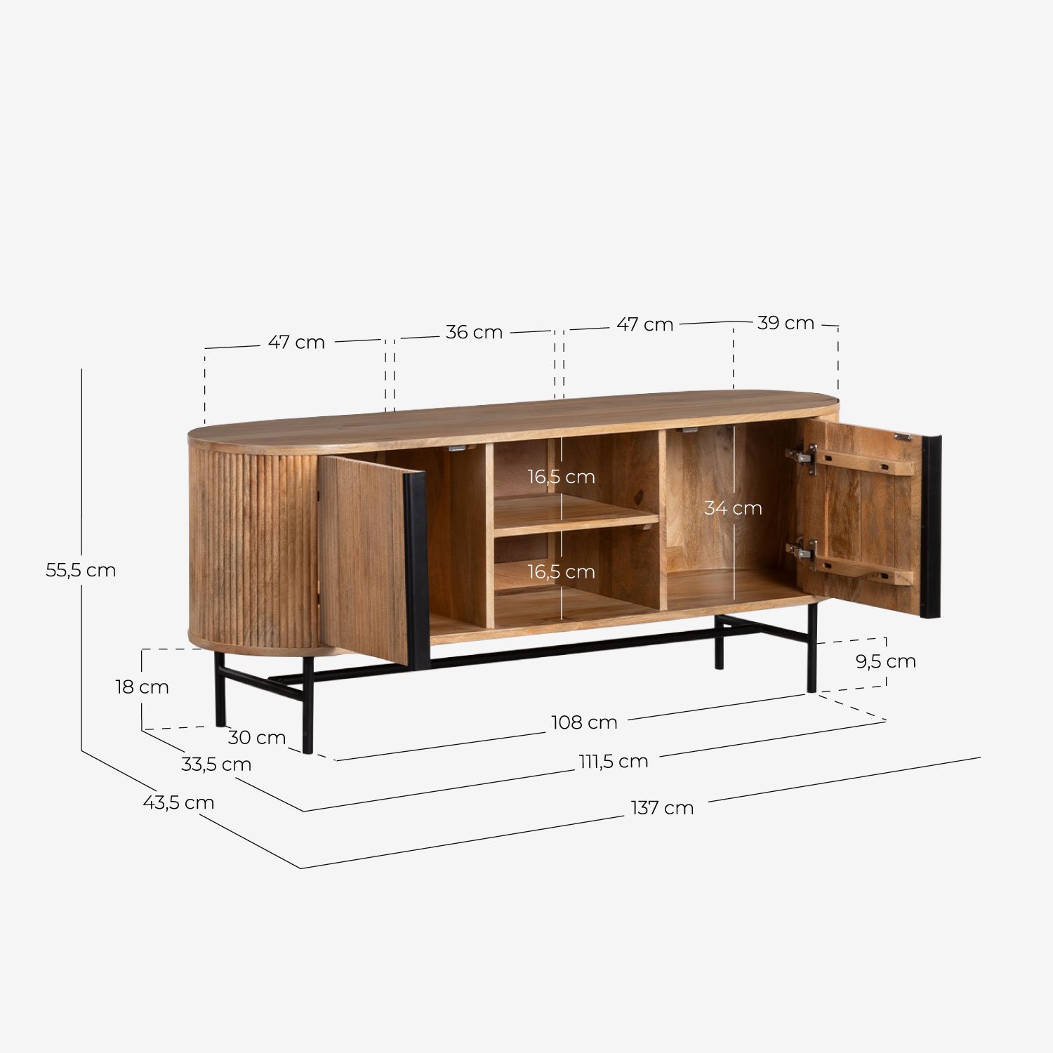 2-türiger TV-Schrank aus Wiener Mangoholz, Maße
