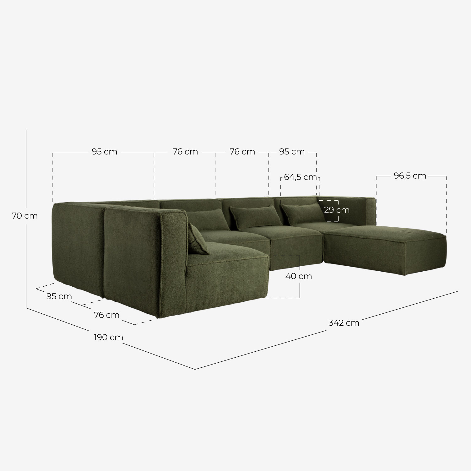 Modulares Sofa 5-Teilig und Pouf aus Bouclé Stoff Kilhe, Maße