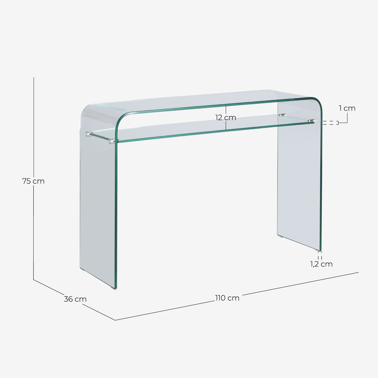 Rechteckige Flurkonsole 110x36 cm aus gehärtetem Glas Endil, Ma&szlig;e