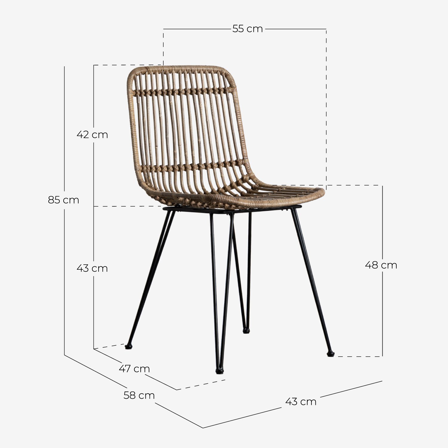 Pack 2 Rattan-Esszimmerstühle Nice, Maße