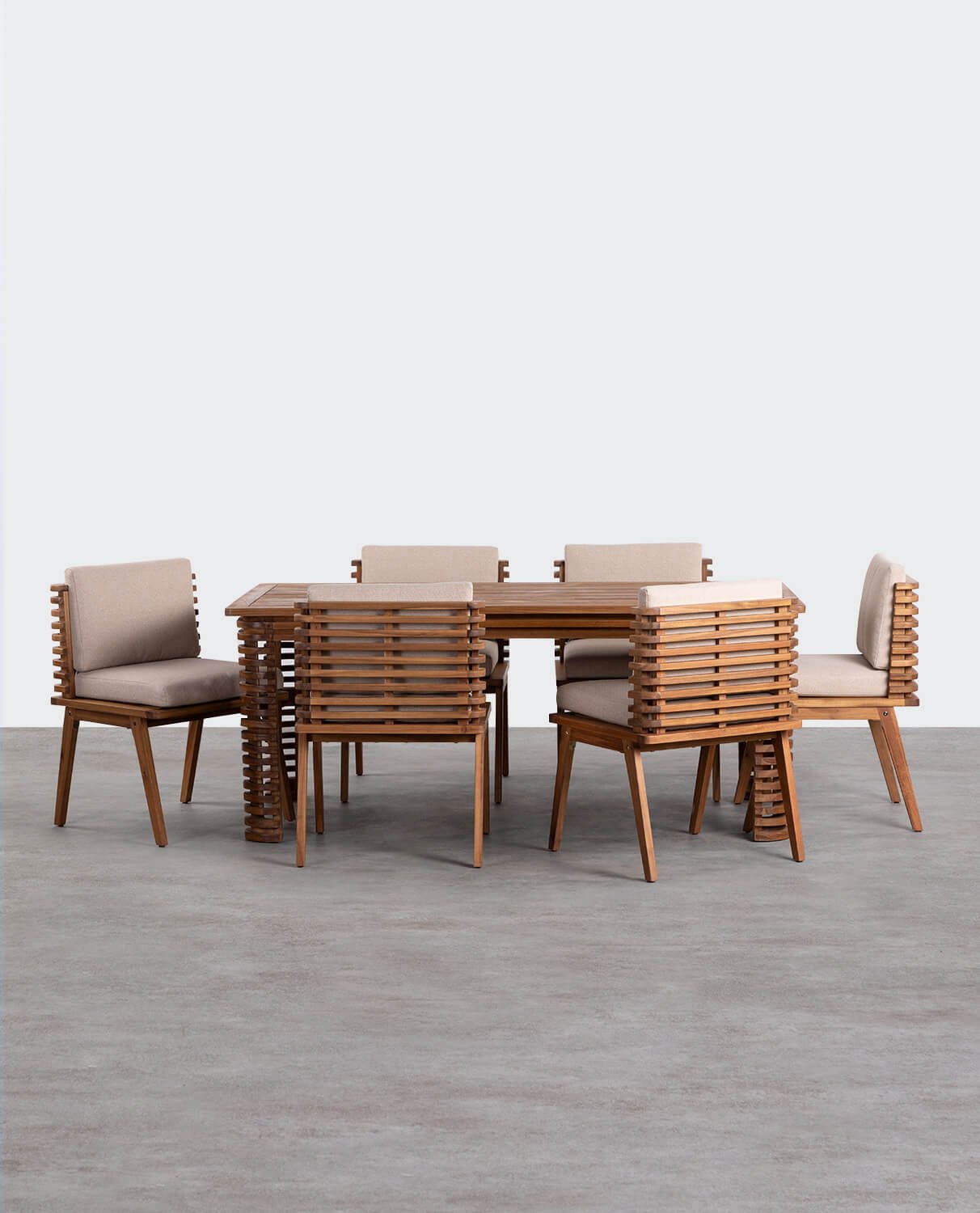 Set aus Rechteckigem Tisch und 6 Stühlen aus Akazienholz und Hazan-Stoff, Galeriebild 2