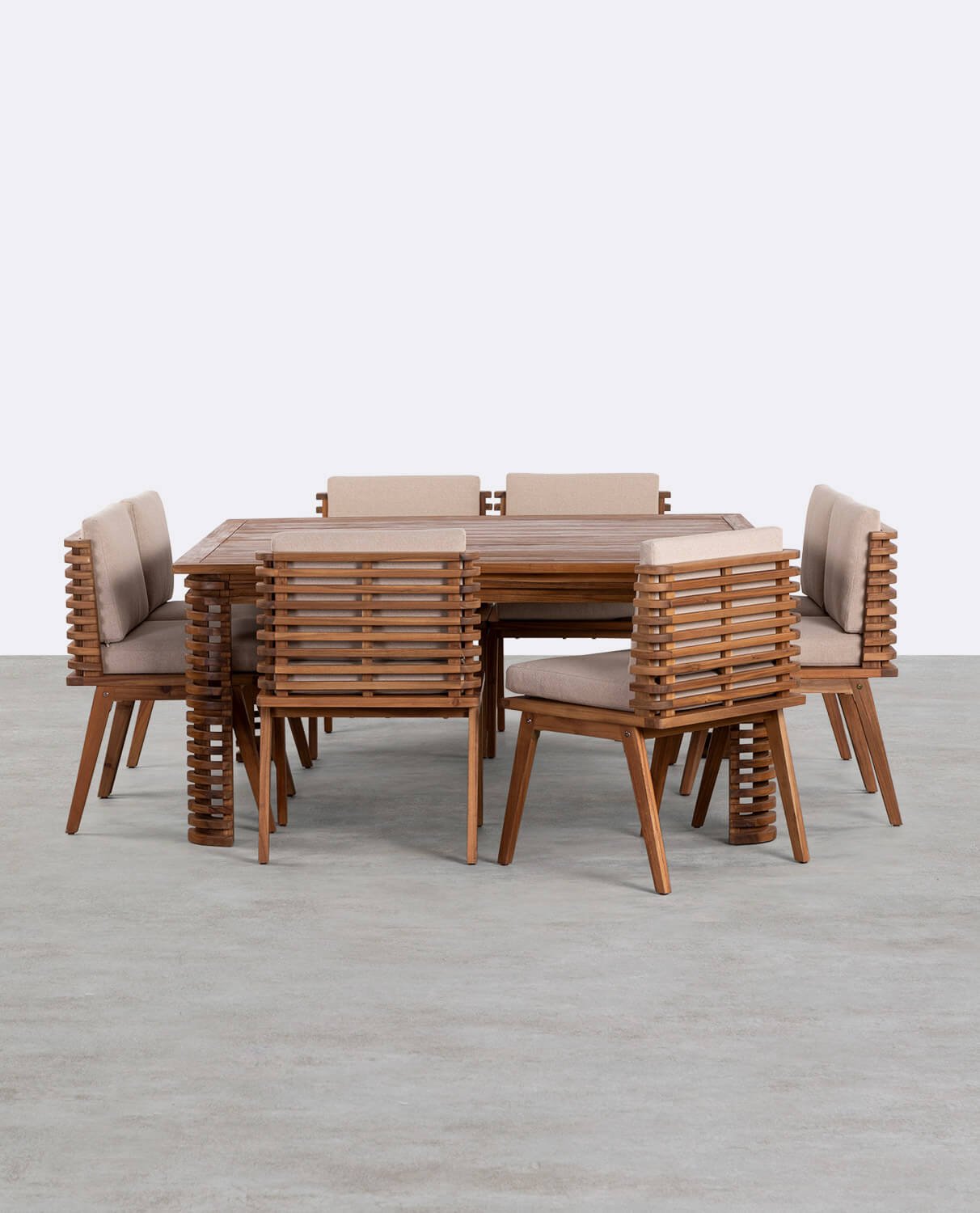 Set aus Quadratischem Tisch und 8 Stühlen aus Akazienholz und Hazan-Stoff, Galeriebild 2