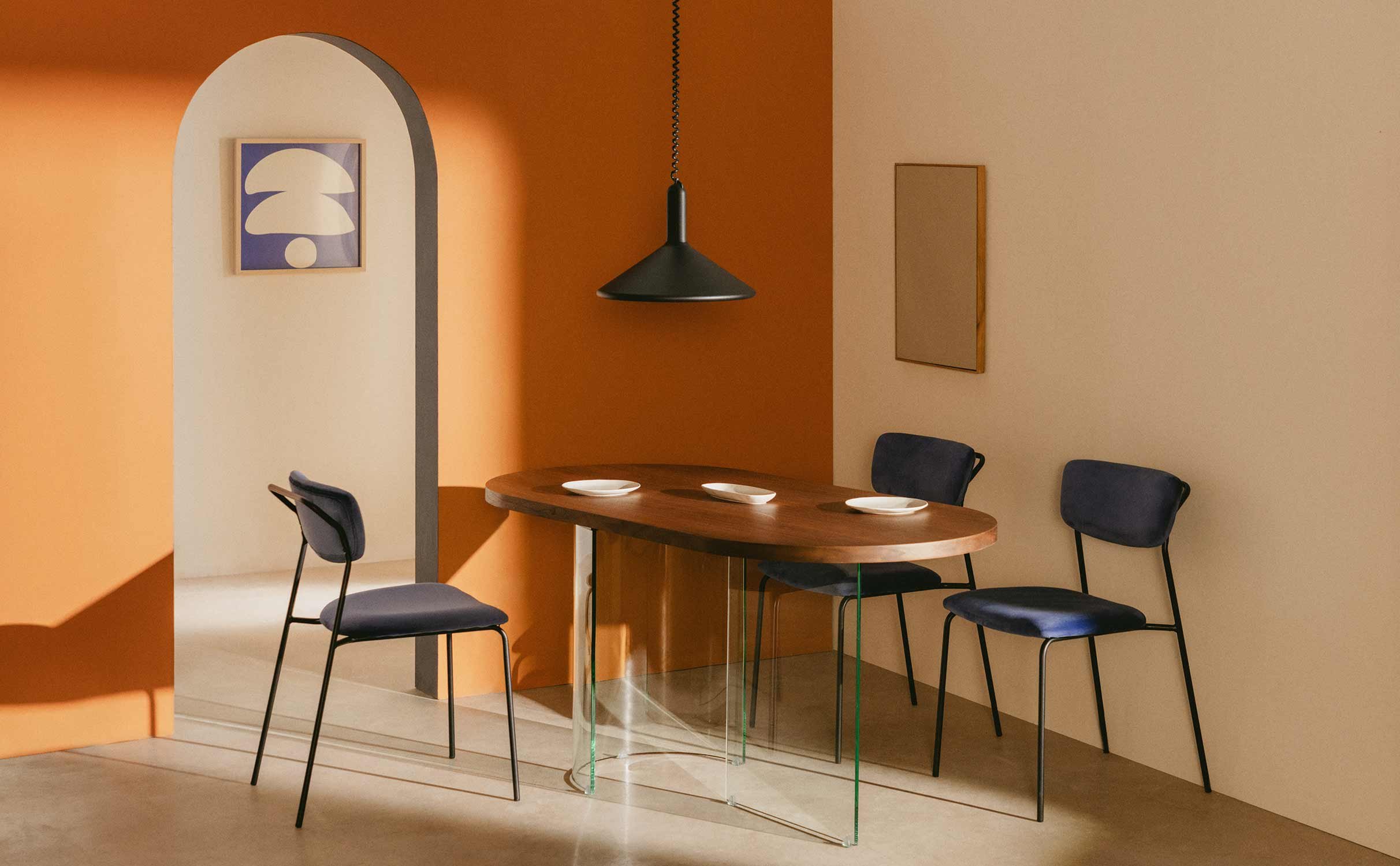 Ovaler Esstisch aus Holz und gebogenem Glas (160X80 cm) Flaias, Galeriebild 1