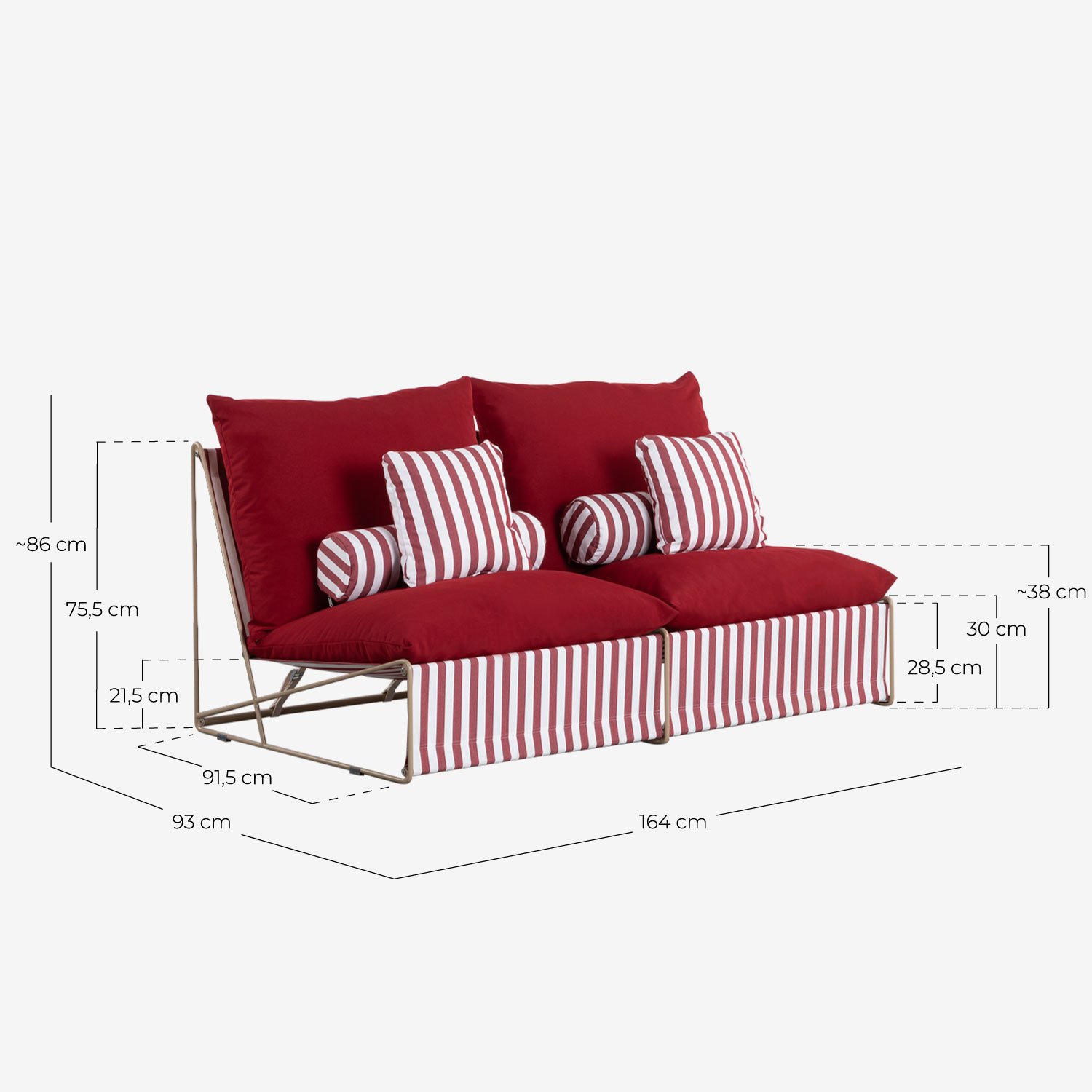 2-Sitzer-Sofa aus Metall und Sitz aus Carpa-Stoff, Ma&szlig;e