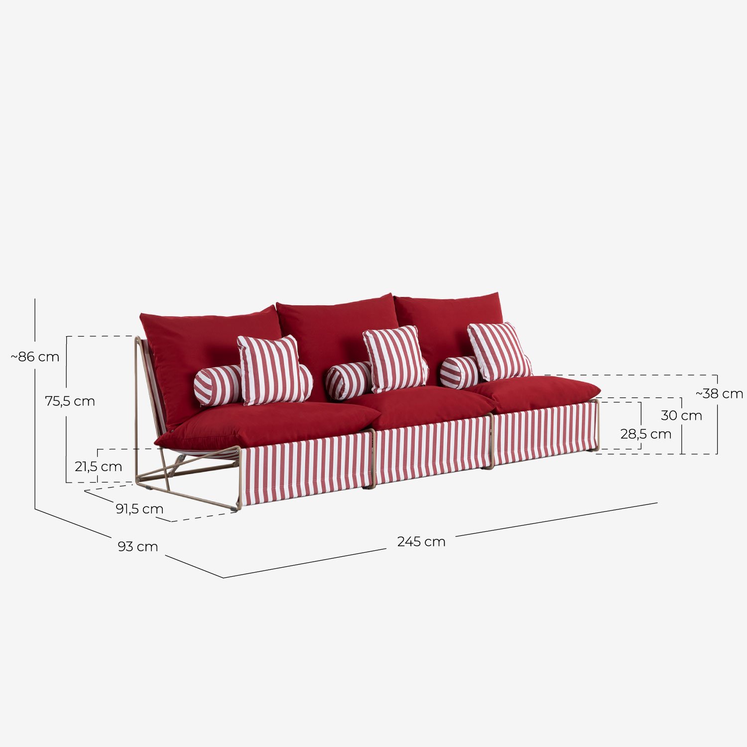 3-Sitzer-Sofa aus Metall und Sitz aus Carpa-Stoff, Ma&szlig;e