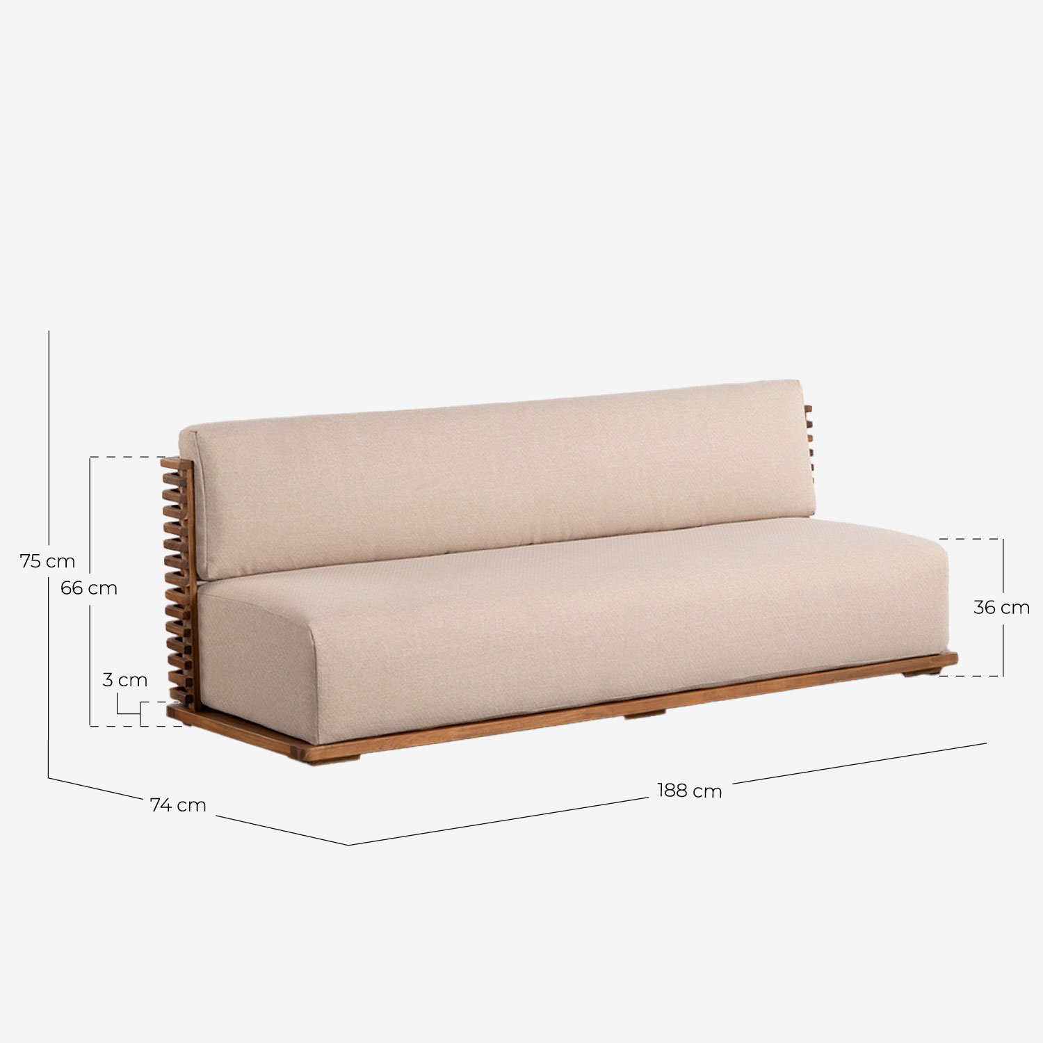 Gartenset mit 3-Sitzer-Sofa, 2 Sesseln und Couchtisch aus Akazienholz und Stoff Hazan, Maße