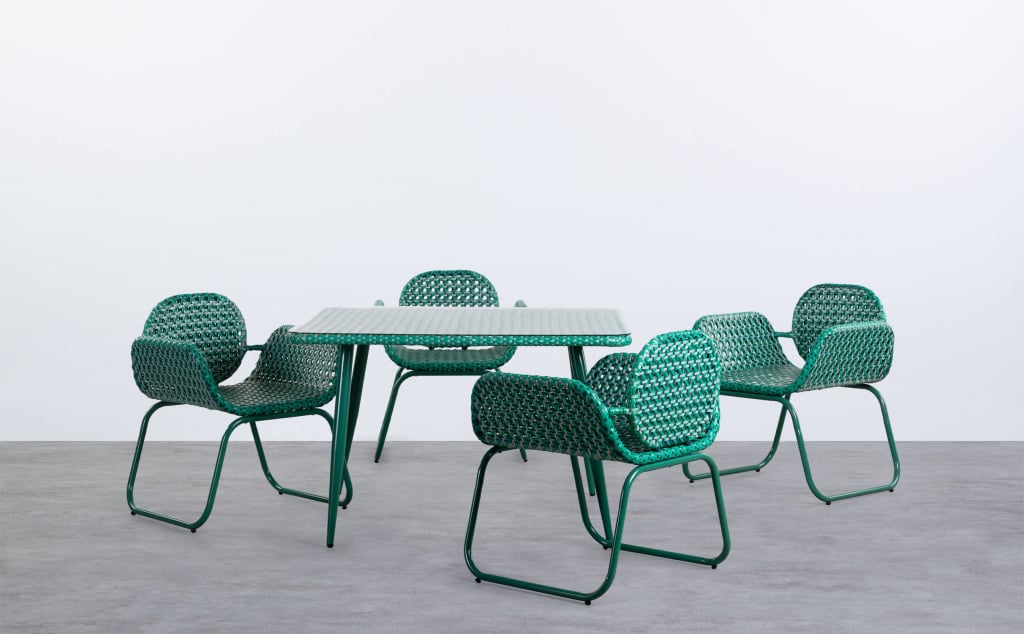 Tisch und 4 Stühle aus Aluminium und synthetischem Rattan für den Außenbereich Roys
