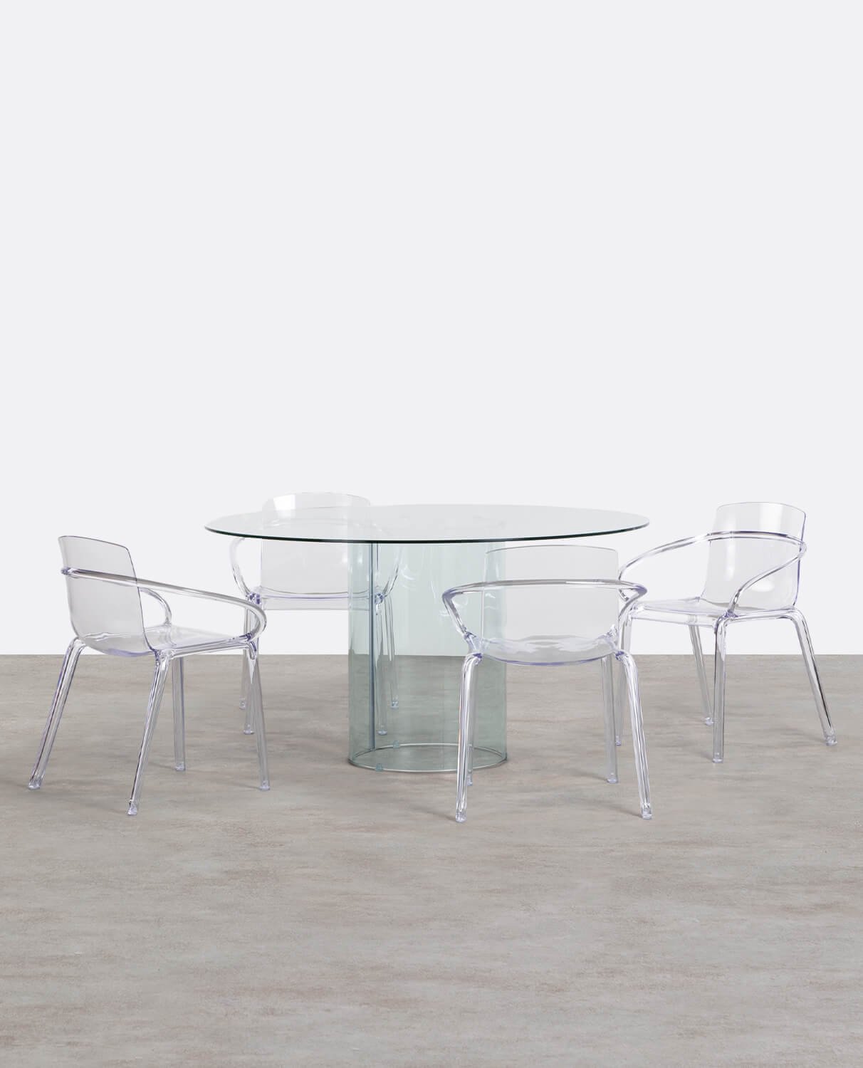 Set aus Rundem Gehärtetem Glas Kolu Esstisch und 4 Stühlen aus Polycarbonat Zuera , Galeriebild 1