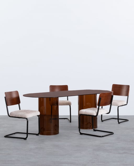 Kolu Ovales Esstisch-Set aus gehärtetem Glas (200x90 cm) und 4 Cuba-Stühle aus Holz und Stoff