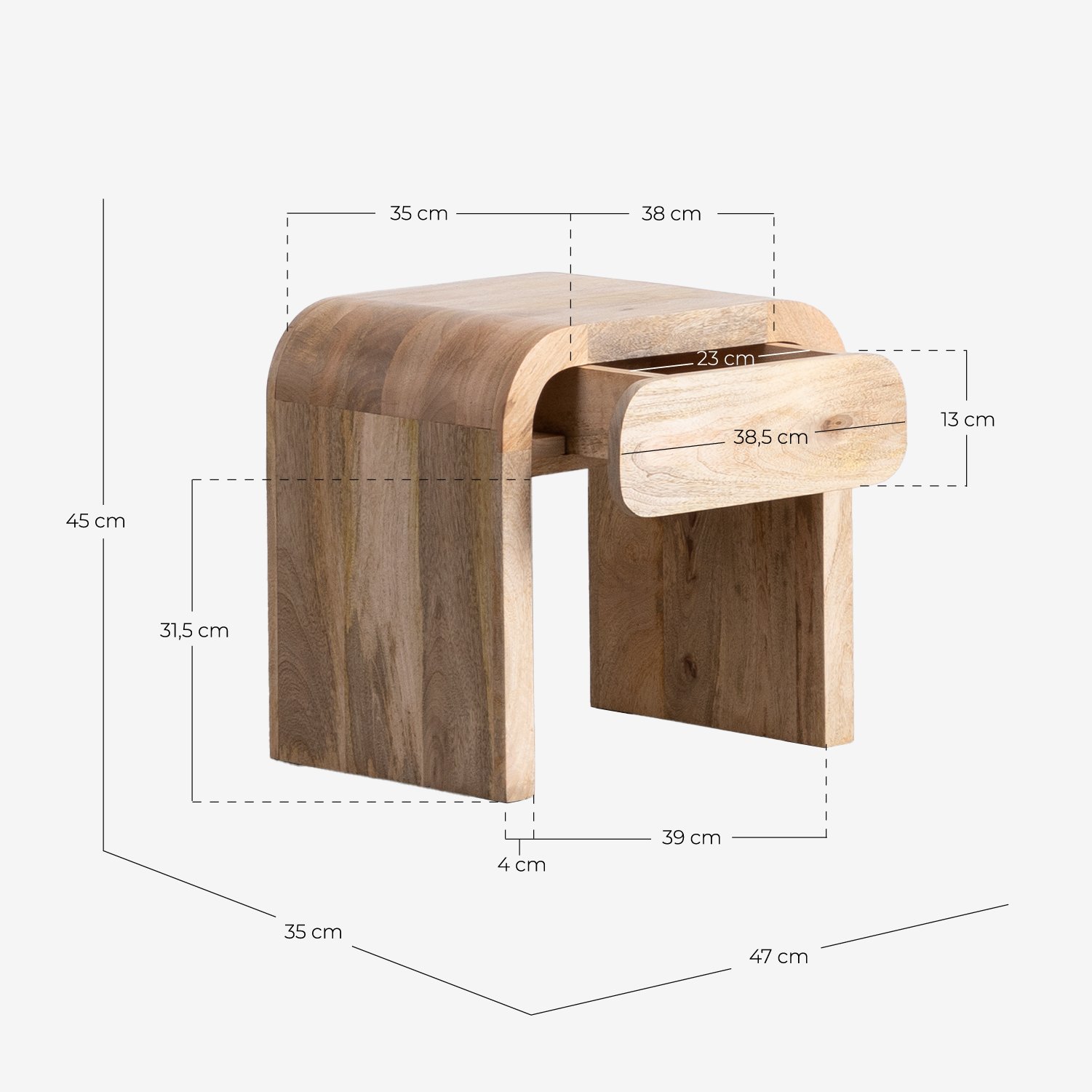 Nachttisch mit Schublade aus Mangoholz (47x35 cm) Vanile , Maße