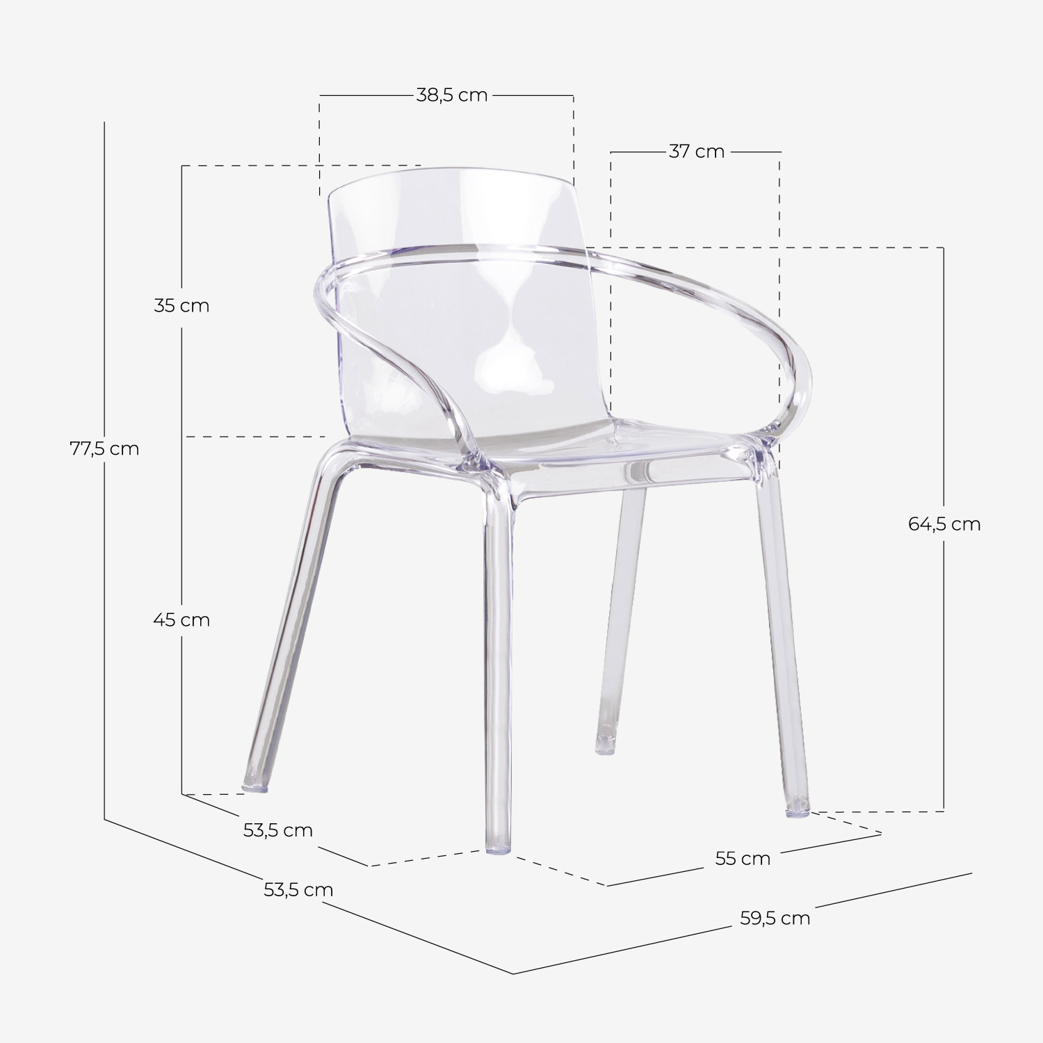 Set aus Rundem Gehärtetem Glas (Ø140 cm) Kolu Esstisch und 4 Stühlen aus Polycarbonat Zuera , Ma&szlig;e
