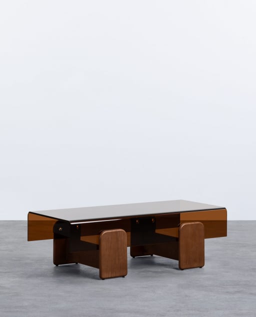 Rechteckiger Couchtisch aus Gebogenem Glas und Holz (120x60 cm) Clery