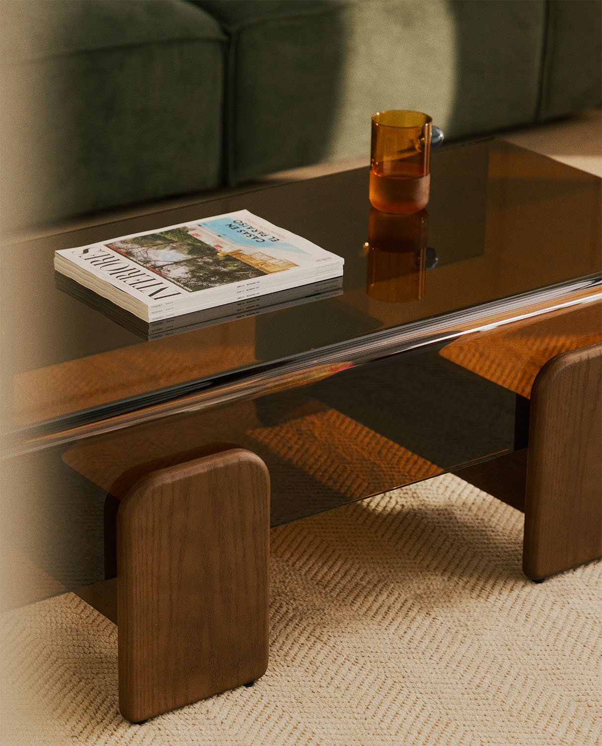 rechteckiger couchtisch aus gebogenem glas und holz (120x60 cm) clery
