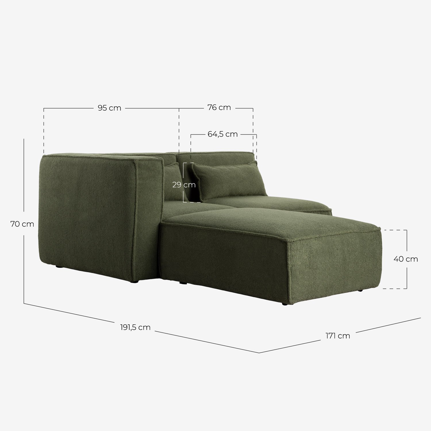 Zweiteiliges Modulares Ecksofa und Pouf aus Bouclé-Stoff Kilhe, Maße