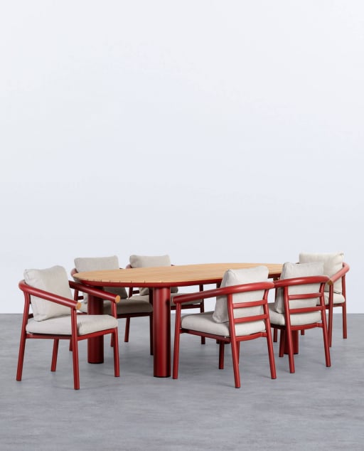 Set aus Ovalem Tisch und 6 Stühlen aus Aluminium und Teakholz für den Außenbereich Cheryl