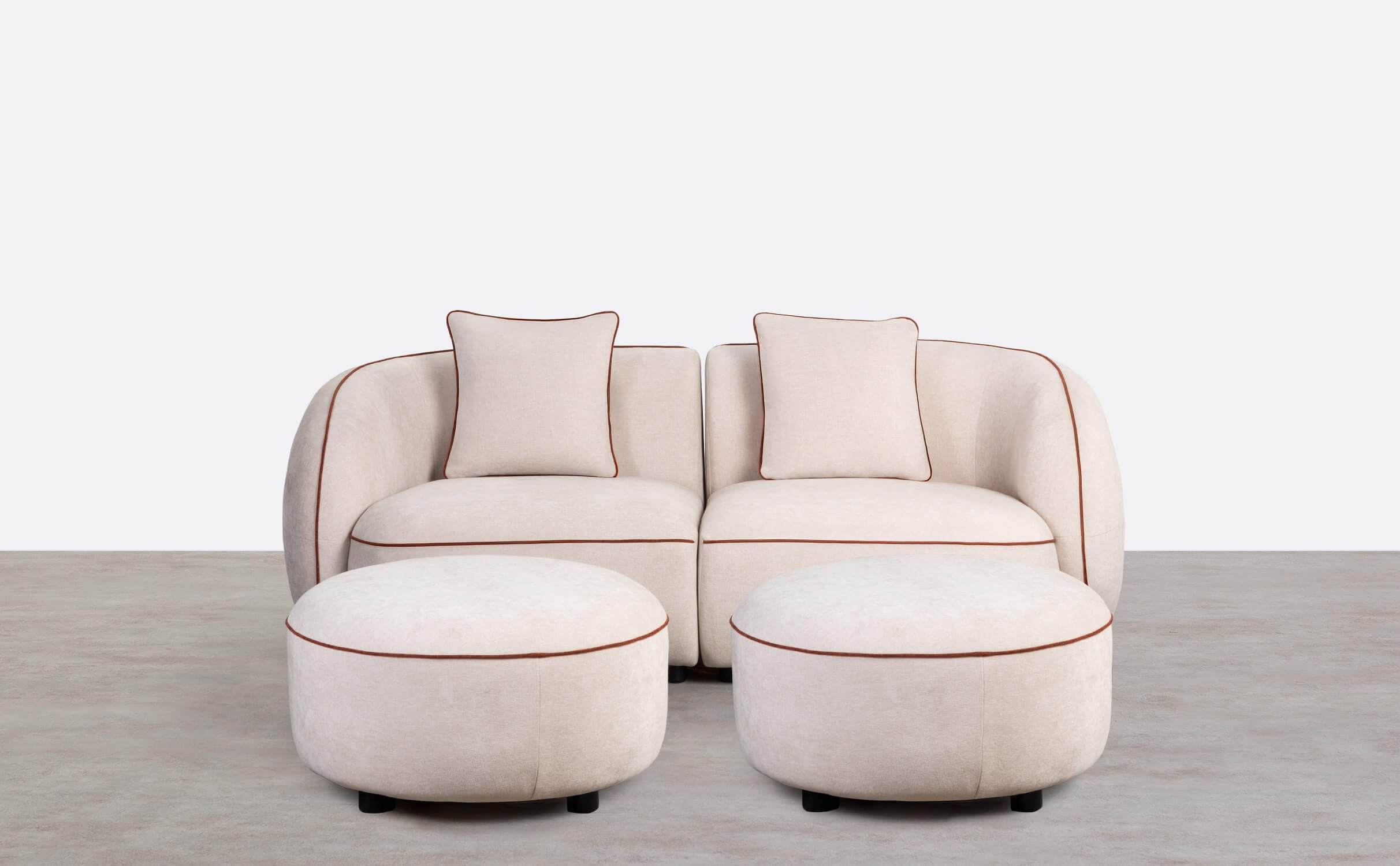 Modulares Sofa mit 2 Eckstücken und 2 Runden Ilham-Stoffhockern , Galeriebild 1