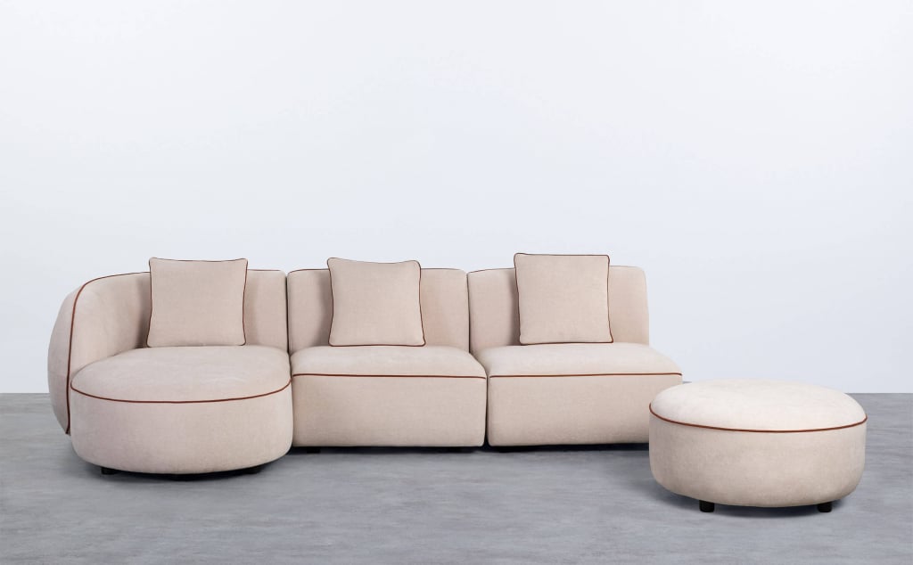 Modulares 3-teiliges Chaiselongue-Sofa mit 2 Sesseln und rundem Ilham-Stoffhocker