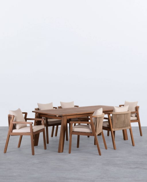 Outdoor Rechteckiger Tisch und 6 Stühle mit Armlehnen aus Akazienholz Cael