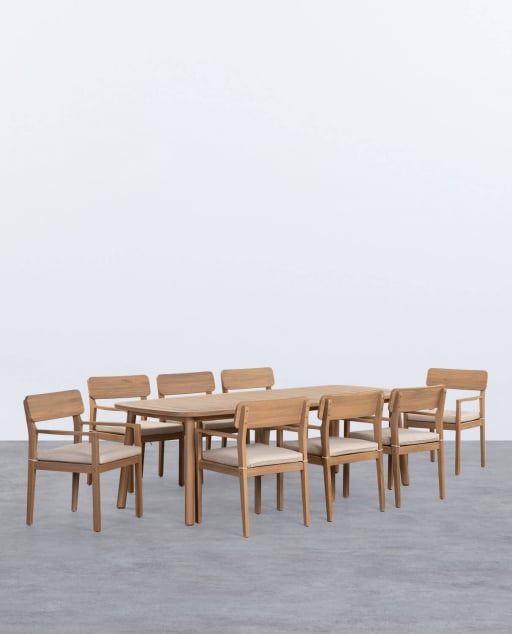 Rechteckiges Tischset (240x100 cm) und 8 Akazienholzstühle mit Armlehnen für den Außenbereich Marla