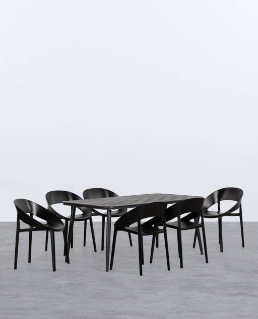 Rechteckiges Tischset aus Aluminium (160x90 cm) Cancun und 6 Lara-Stühle aus Polypropylen für den Außenbereich