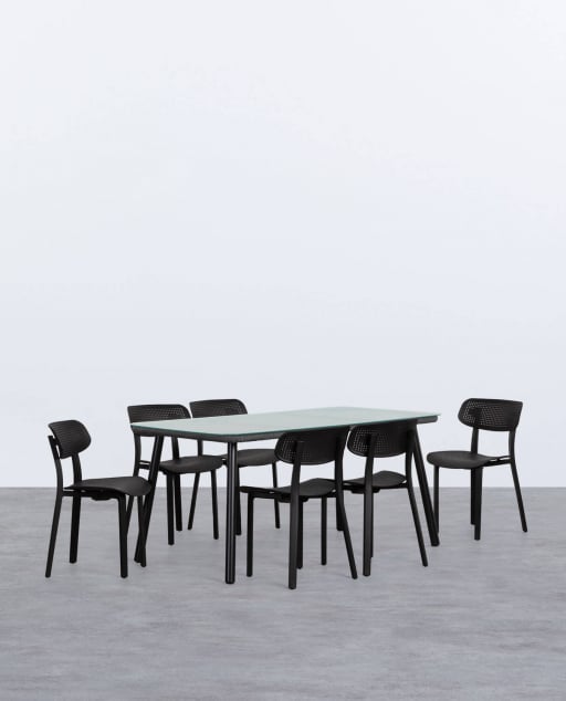 Drian rechteckiges Tischset aus Aluminium und Glas (160x90 cm) mit 6 Dasi Outdoor-Stühlen aus Polypropylen