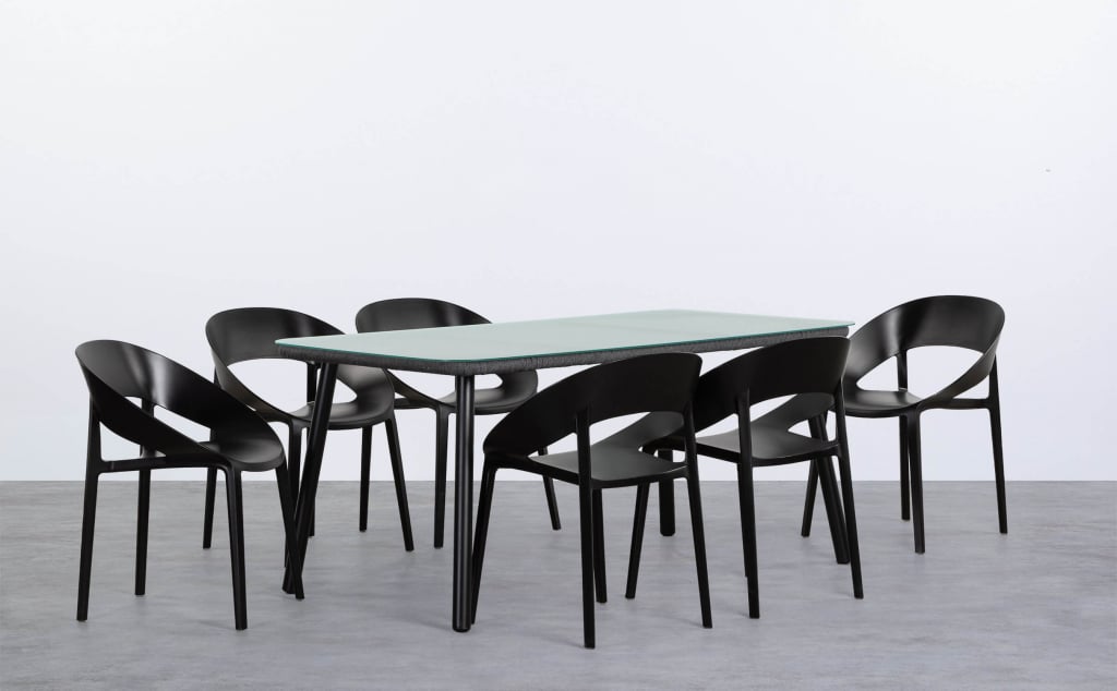 Drian rechteckiges Tischset aus Aluminium und Glas und 6 Lara Outdoor-Stühle aus Polypropylen