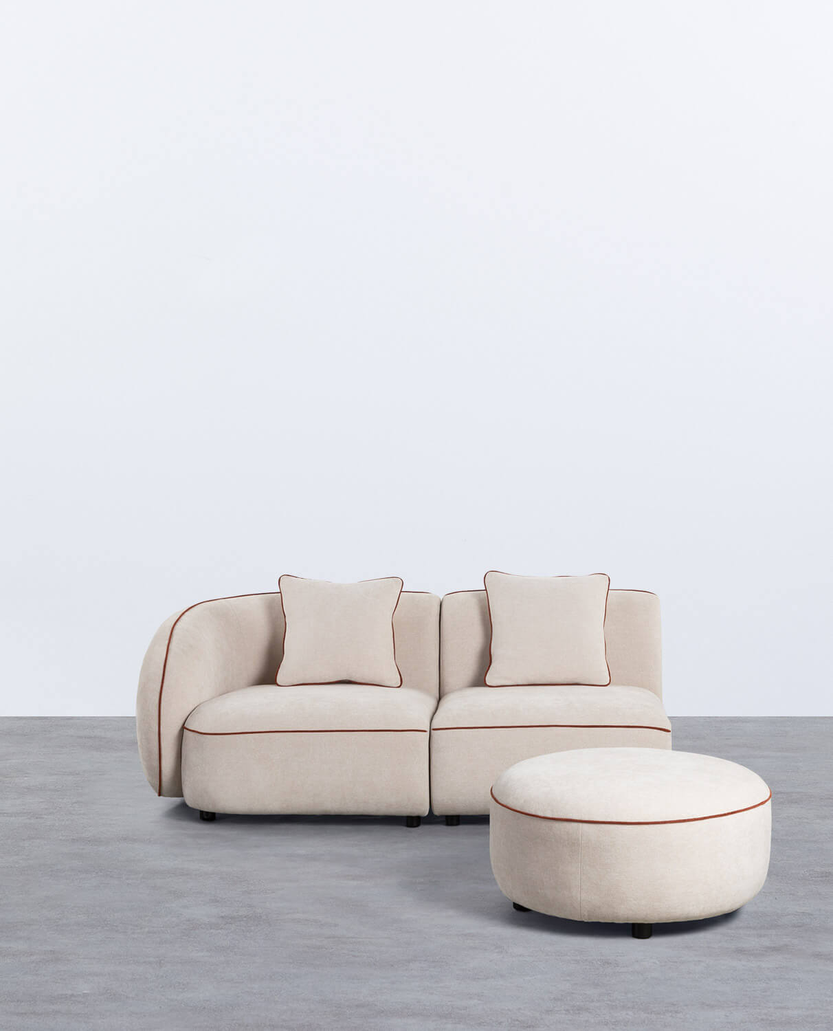 Modulares zweiteiliges Ecksofa mit Ilham-Stoffsessel und Puff