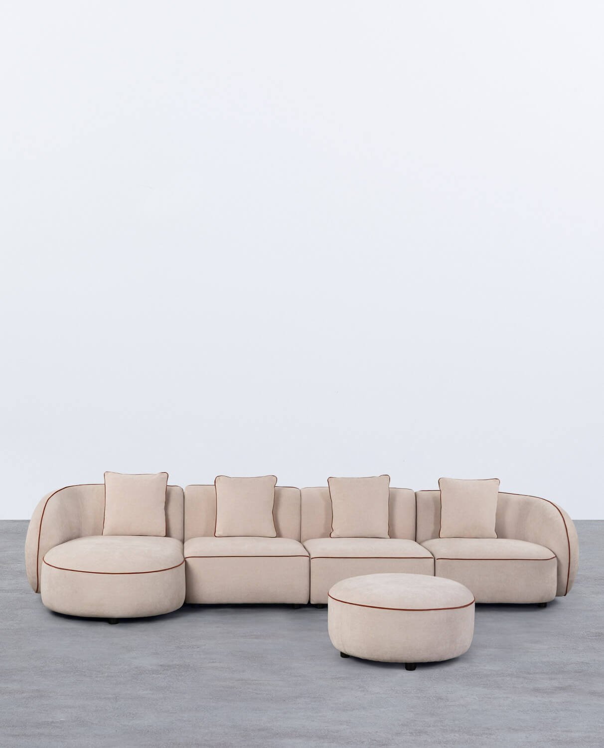 Modulares 4-teiliges Ecksofa mit Chaiselongue und rundem Ilham-Stoffpolster 