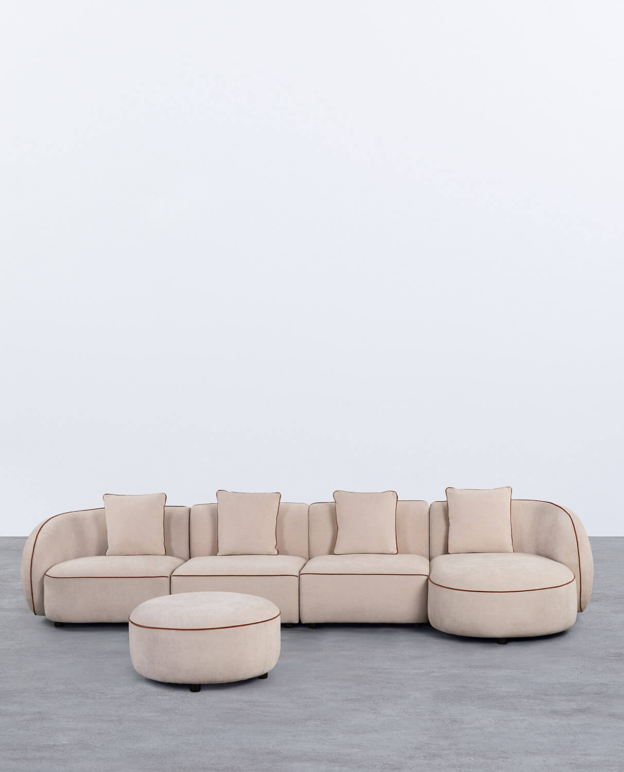 Modulares 4-teiliges Ecksofa mit Chaiselongue und rundem Ilham-Stoffpolster 