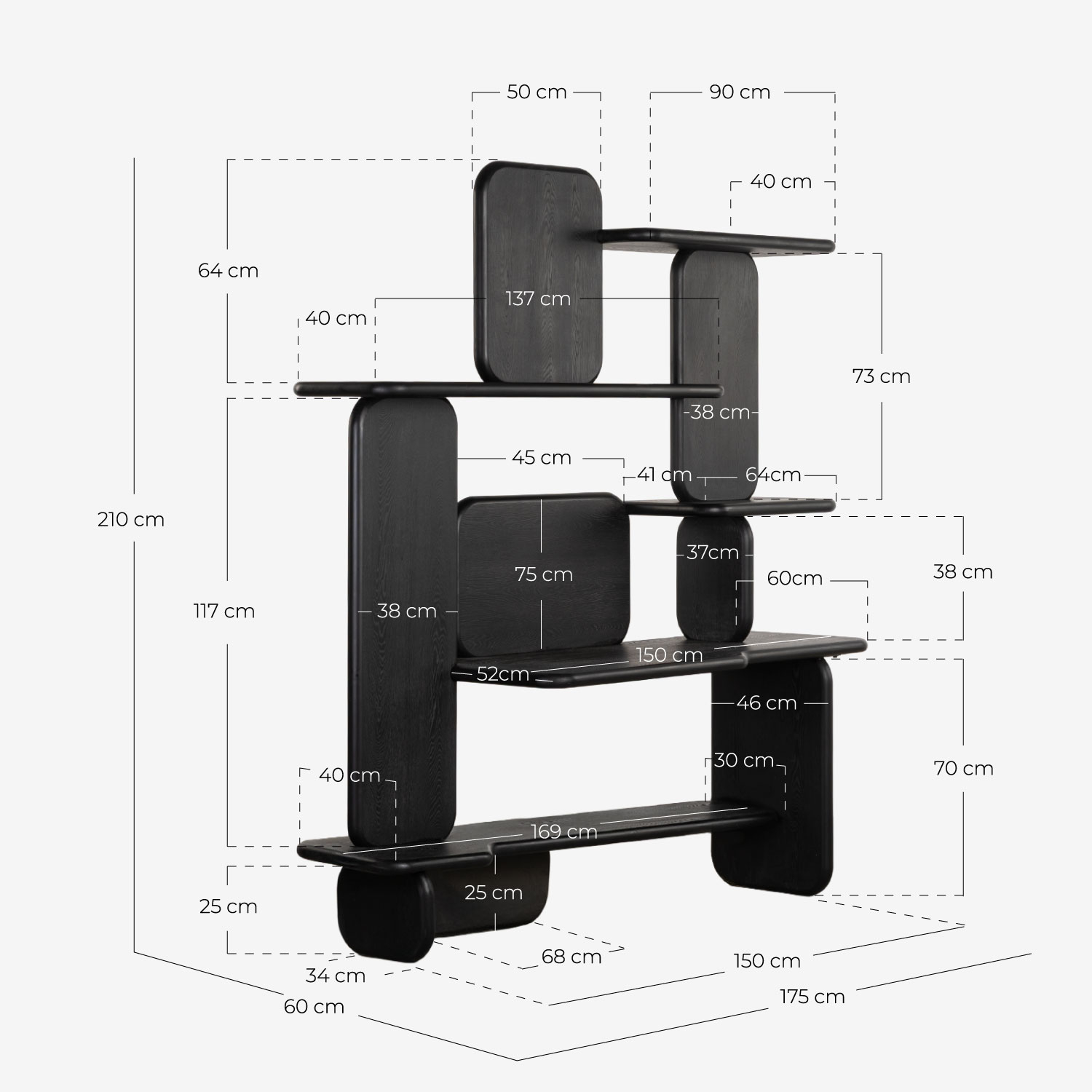 Bücherregal mit Schreibtisch aus Kiefernholz und Ulmenholz (175x60 cm) Kuroen, Maße