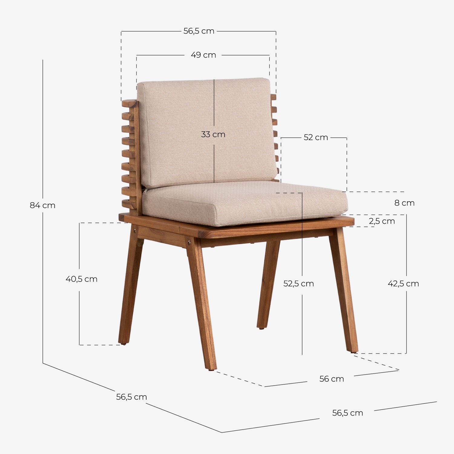 Set aus quadratischem Tisch (160x160 cm) und 8 Stühlen aus Akazienholz und Outdoor-Stoff Hazan, Maße