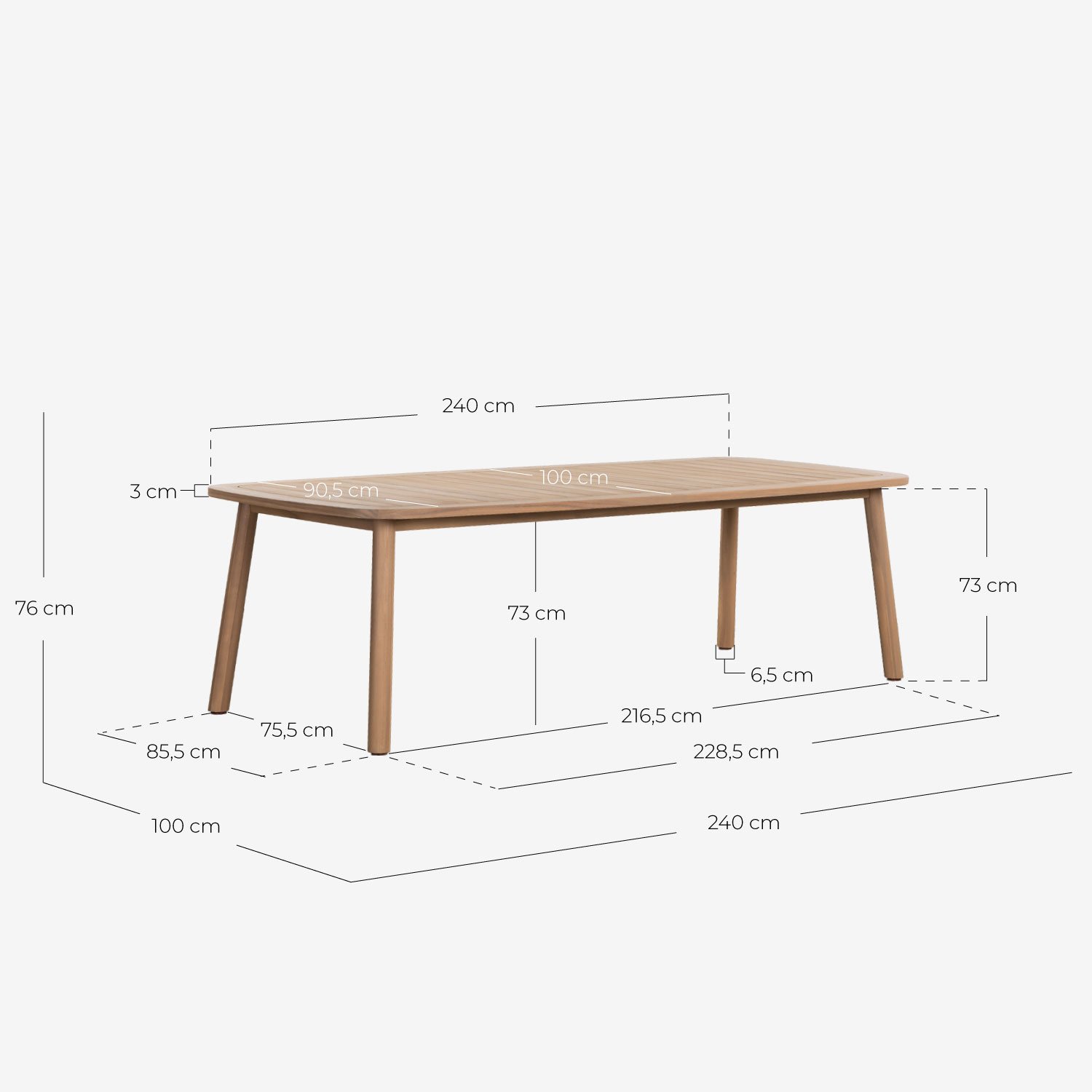 Rechteckiges Tischset Marla (240x100 cm) und 8 Outdoor-Stühle aus Akazienholz Mirla, Maße