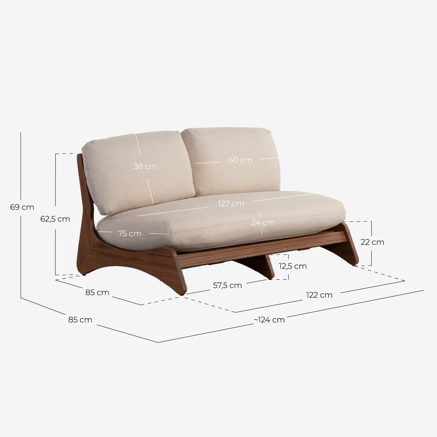 Gartenset mit 2-Sitzer-Sofa, 2 Sesseln und Couchtisch aus Akazienholz und Lorent-Stoff, Maße