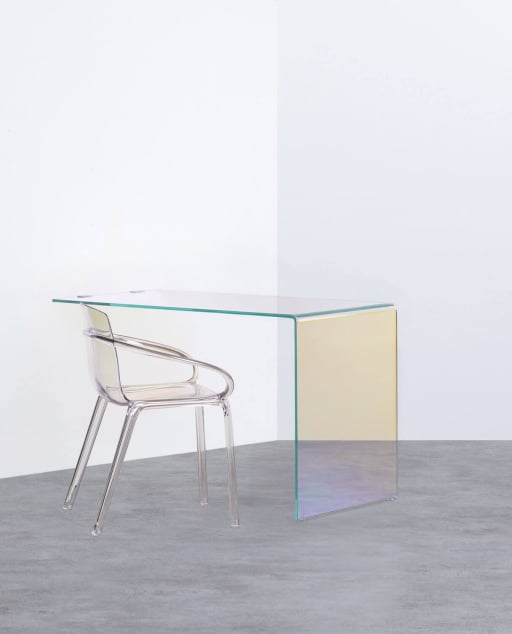 Schreibtisch und Stuhl aus gehärtetem Glas Iris mit Armlehnen aus Polycarbonat Zuera