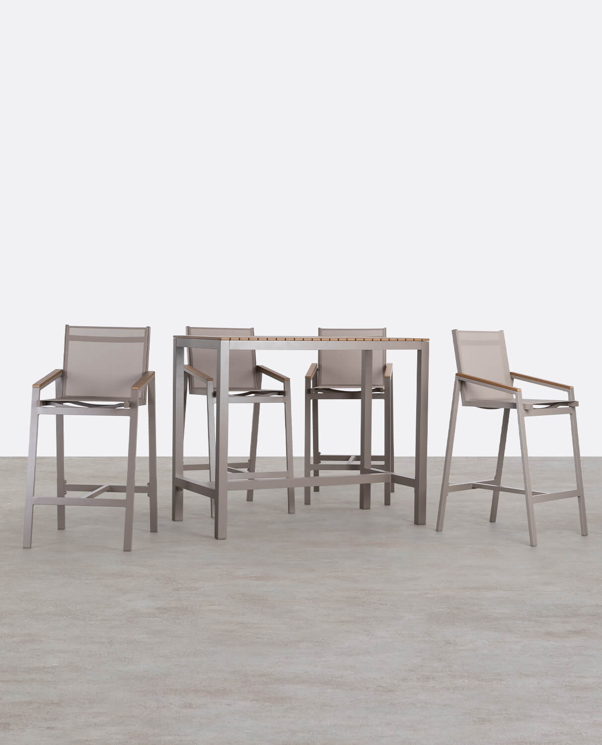 Set aus Stehtisch und (130x70 cm) 4 hohen Aluminiumhockern für den Außenbereich Korce, Galeriebild 1