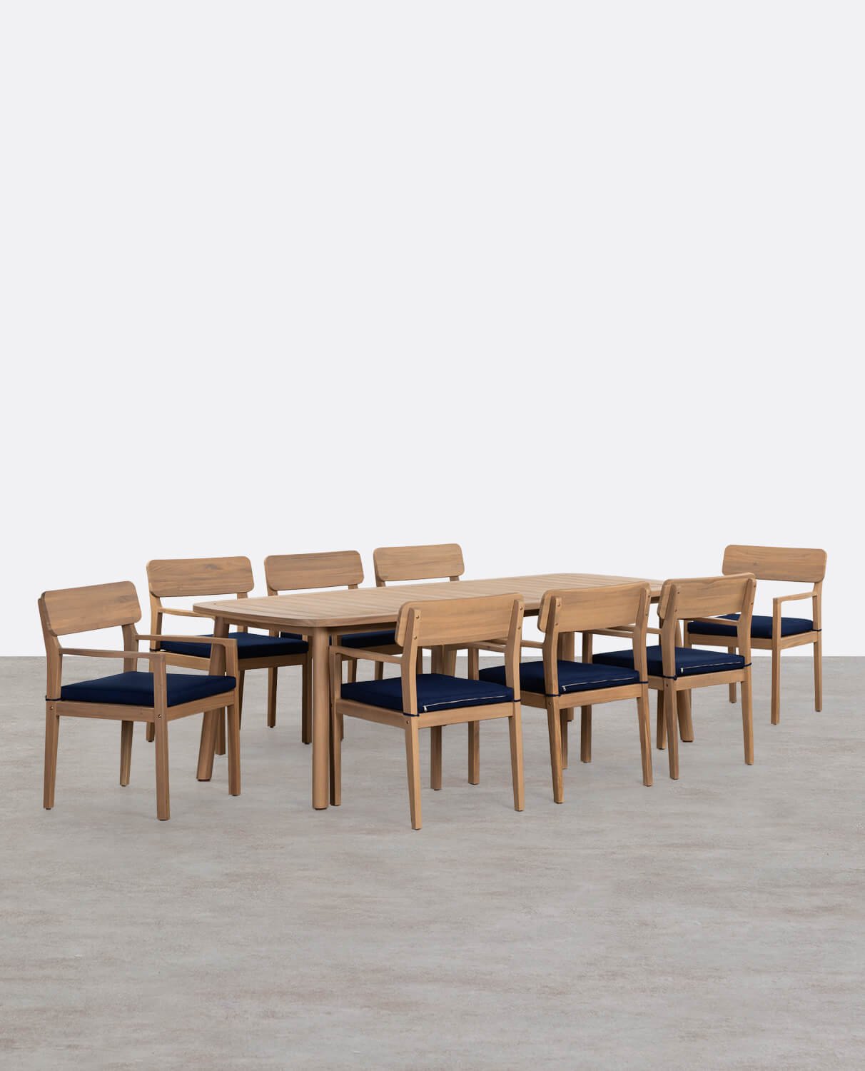 Rechteckiges Tischset (240x100 cm) und 8 Akazienholzstühle mit Armlehnen für den Außenbereich Marla, Galeriebild 1