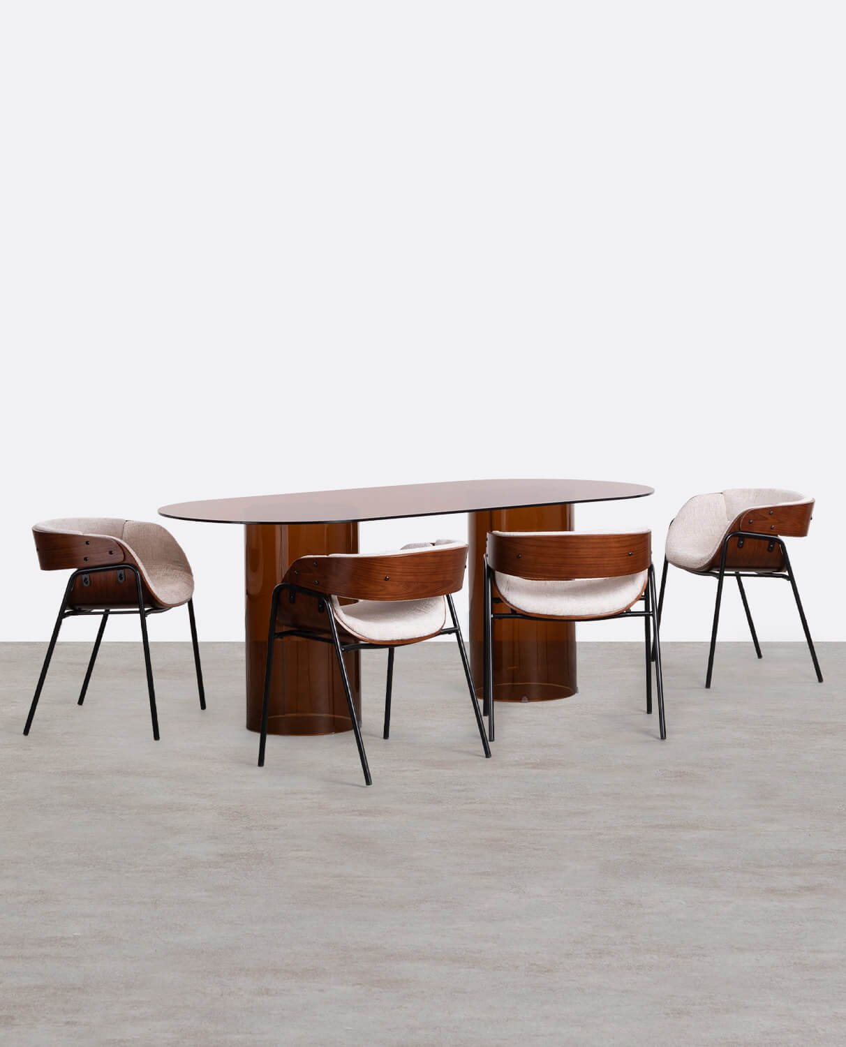 Ovaler Esstisch aus Gehärtetem Glas Kolu und 4 Stühle aus Holz und Stoff Berlin, Galeriebild 1