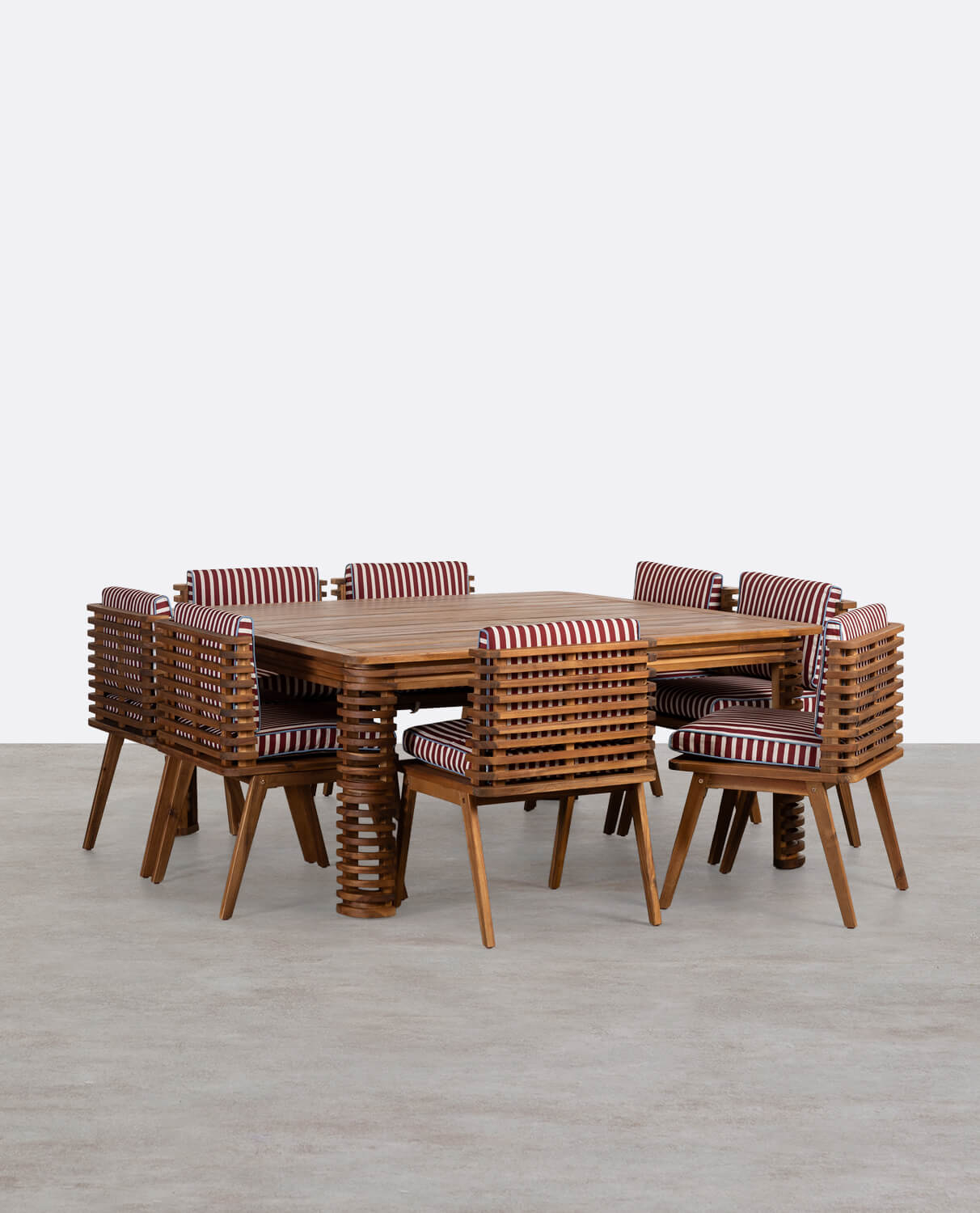 Set aus quadratischem Tisch (160x160 cm) und 8 Stühlen aus Akazienholz und Outdoor-Stoff Hazan, Galeriebild 1