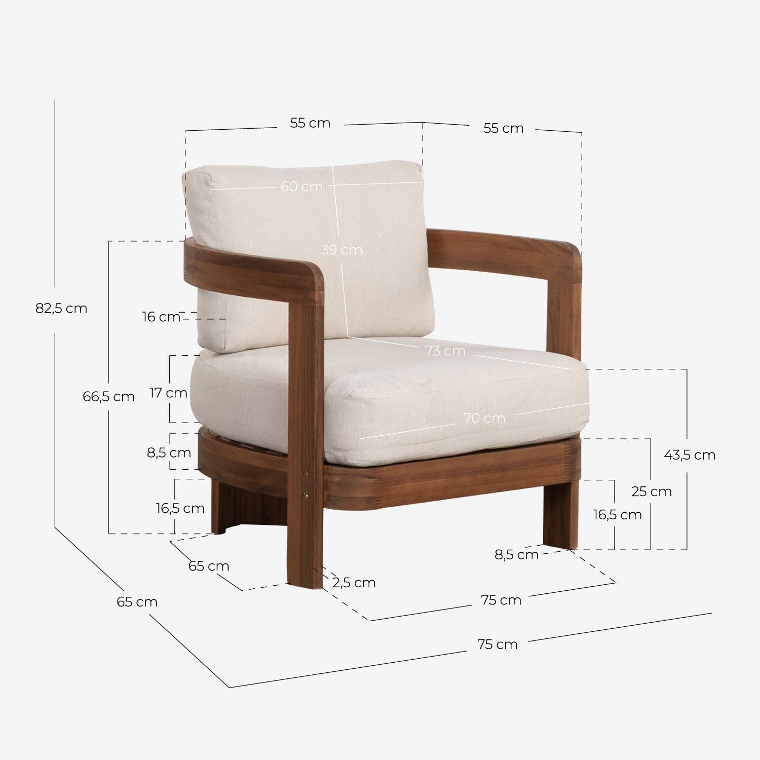 Gartenset mit 2-Sitzer-Sofa, 2 Sesseln und Couchtisch aus Akazienholz und Stoff Moad, Maße